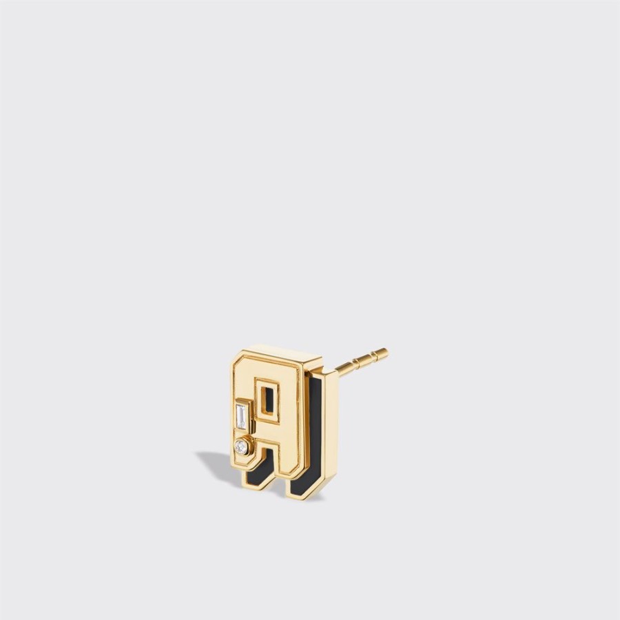 Jewelry Boochier | Onyx Yellow Gold Mini Letter Mono Stud