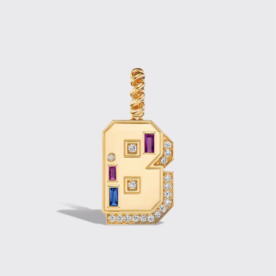 Jewelry Boochier | Jumbo Yellow Gold Diamond Letter & Number Pendant [Blue & Purple Sapphires]