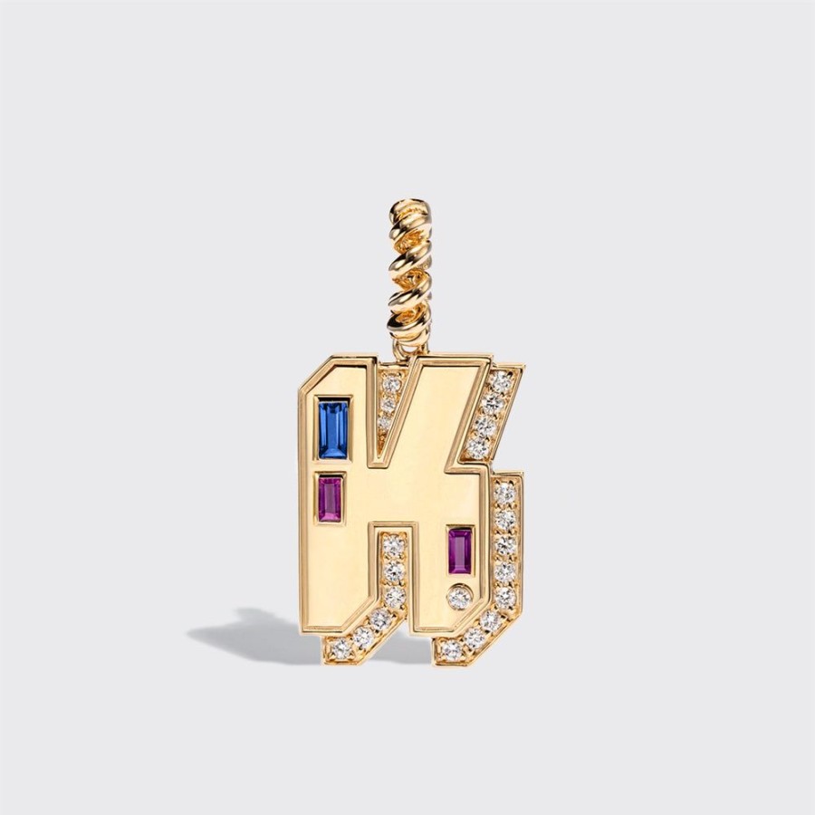 Jewelry Boochier | Jumbo Yellow Gold Diamond Letter & Number Pendant [Blue & Purple Sapphires]