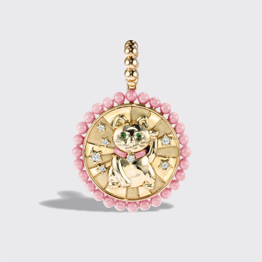 Jewelry Boochier | Pink Opal Yellow Gold Lucky Cat Diamond Charm