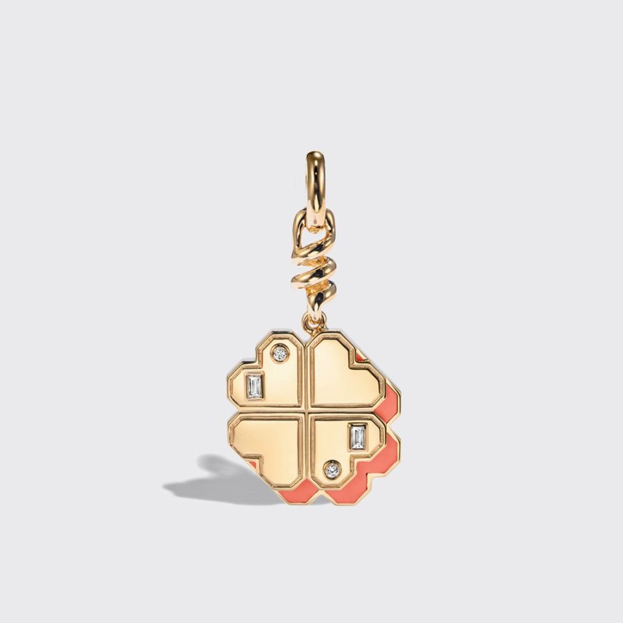 Jewelry Boochier | Coral Yellow Gold Clover Leaf Charm