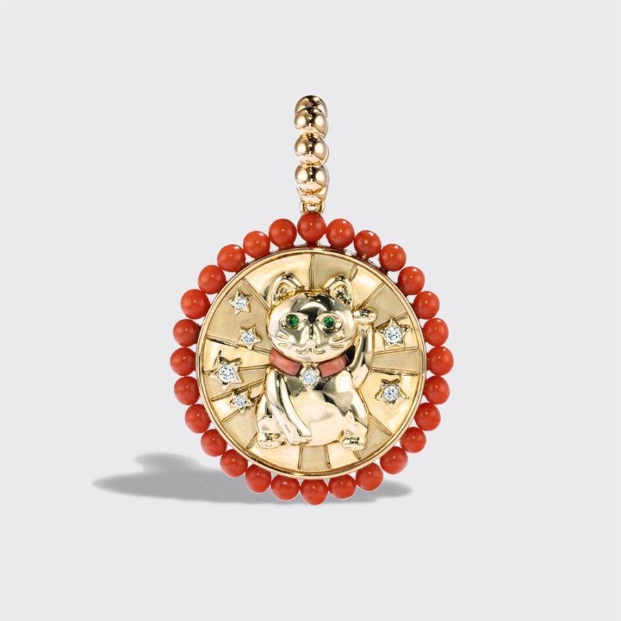 Jewelry Boochier | Coral Yellow Gold Lucky Cat Diamond Charm