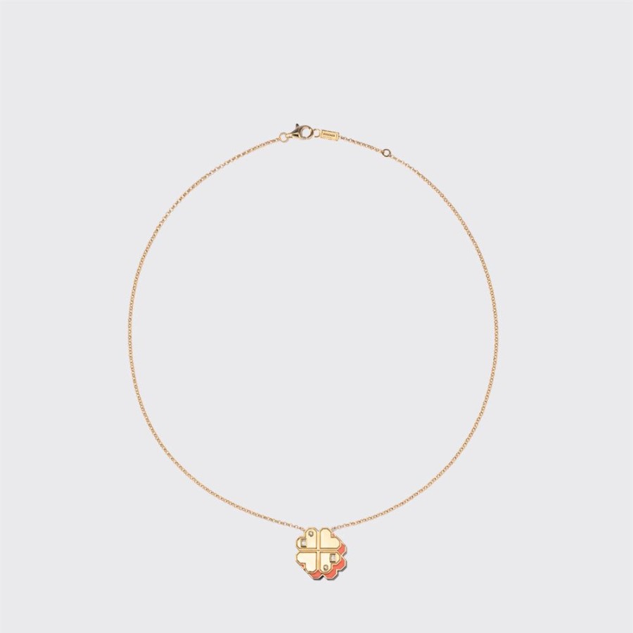 Jewelry Boochier | Coral Yellow Gold Clover Leaf Necklace