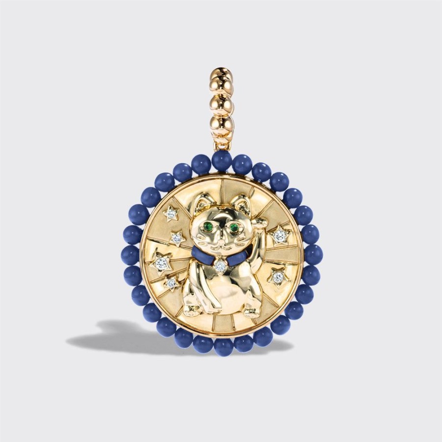 Jewelry Boochier | Lapis Yellow Gold Lucky Cat Diamond Charm