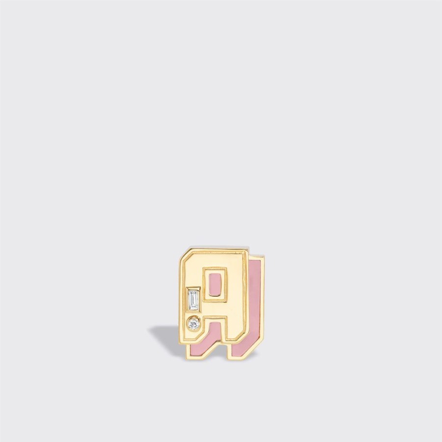 Jewelry Boochier | Pink Opal Yellow Gold Mini Letter Mono Stud