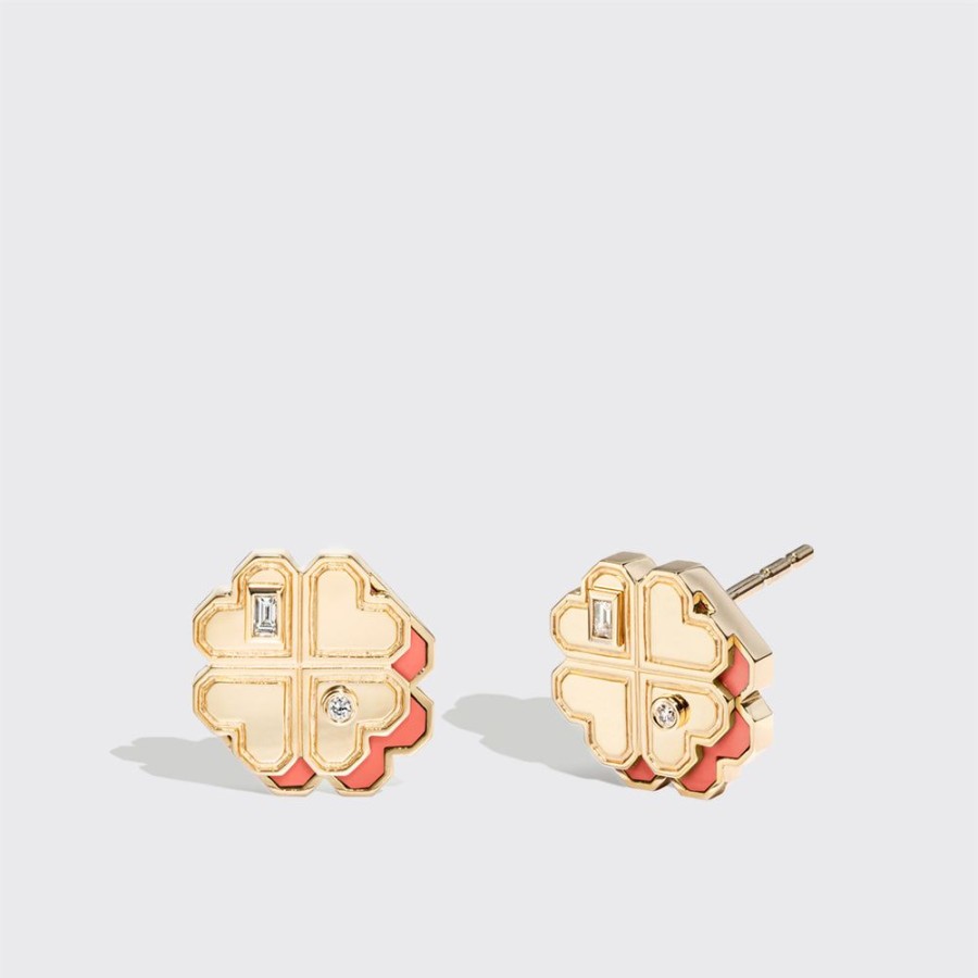 Jewelry Boochier | Coral Yellow Gold Mini Clover Leaf Studs