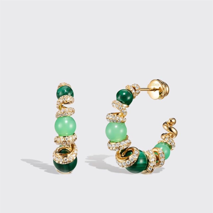 Jewelry Boochier | Chrysoprase & Malachite Yellow Gold Diamond Gumball Slinkee Earrings