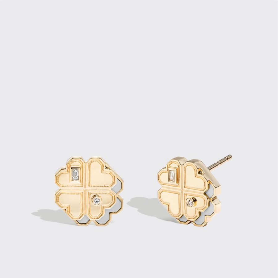 Jewelry Boochier | White Mother Of Pearl Yellow Gold Mini Clover Leaf Studs