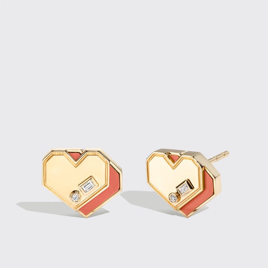 Jewelry Boochier | Coral Yellow Gold Mini Heart Studs