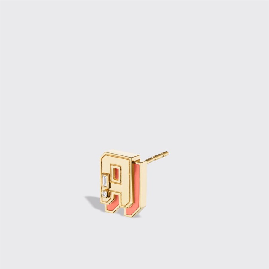 Jewelry Boochier | Coral Yellow Gold Mini Letter Mono Stud