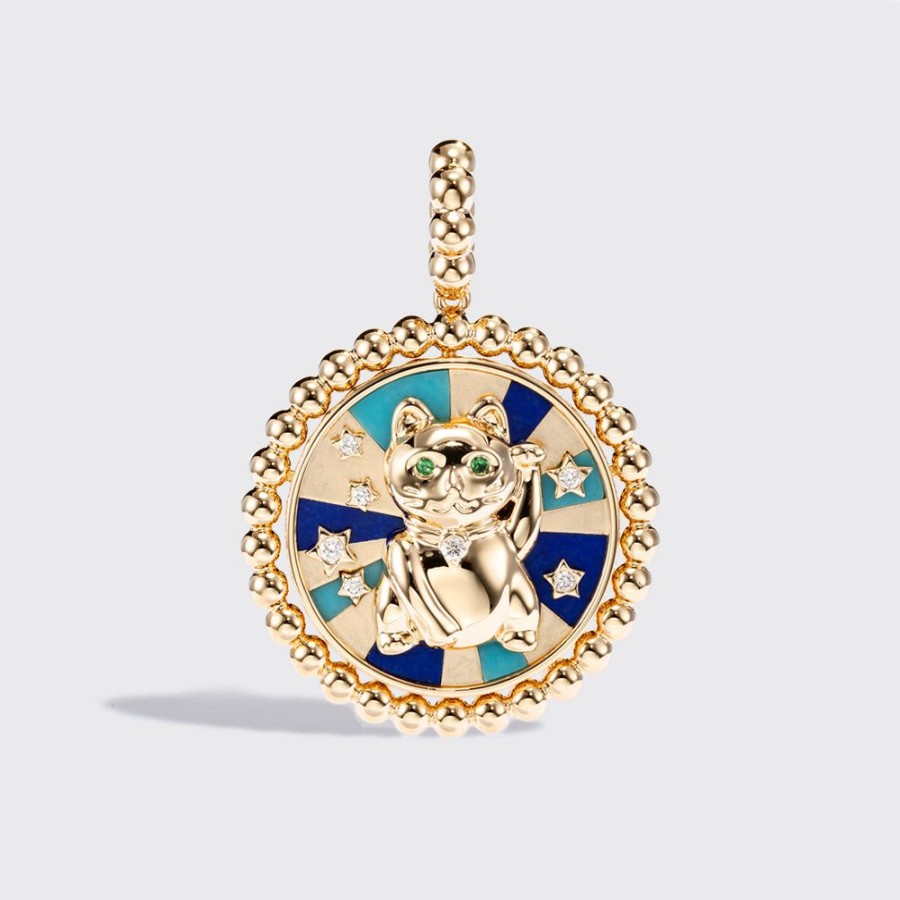 Jewelry Boochier | Turquoise & Lapis Yellow Gold Lucky Cat Charm