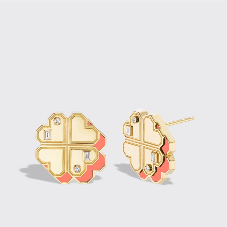 Jewelry Boochier | Coral Yellow Gold Clover Leaf Studs