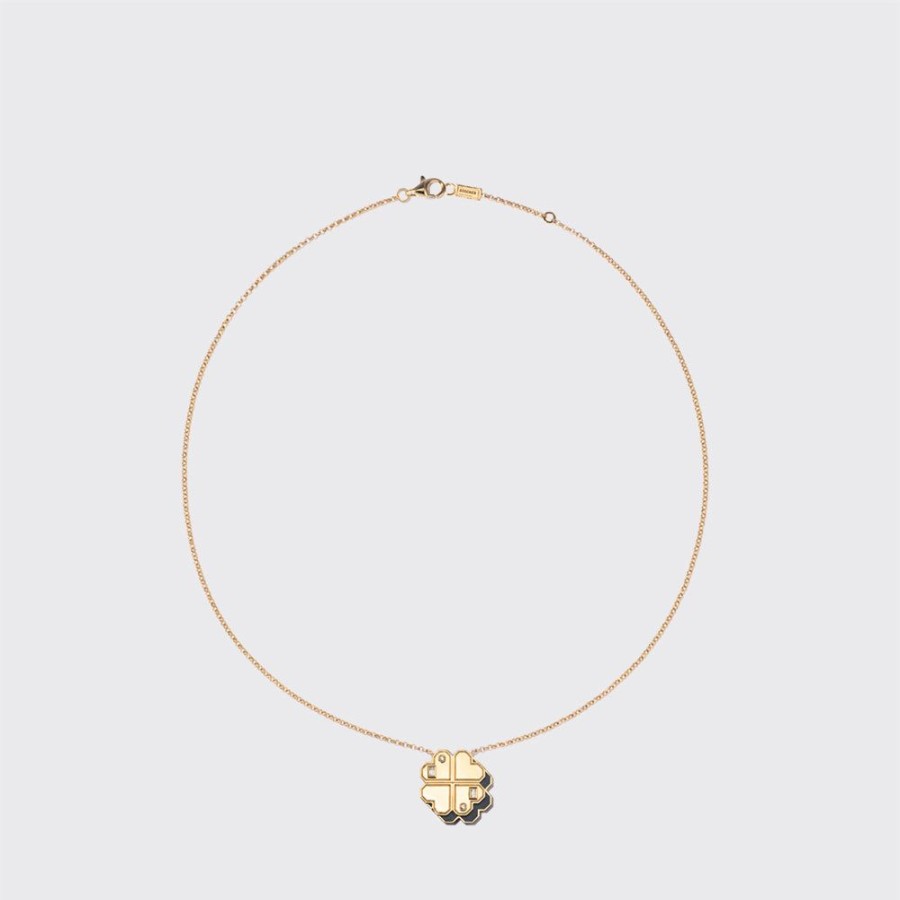 Jewelry Boochier | Onyx Yellow Gold Clover Leaf Necklace