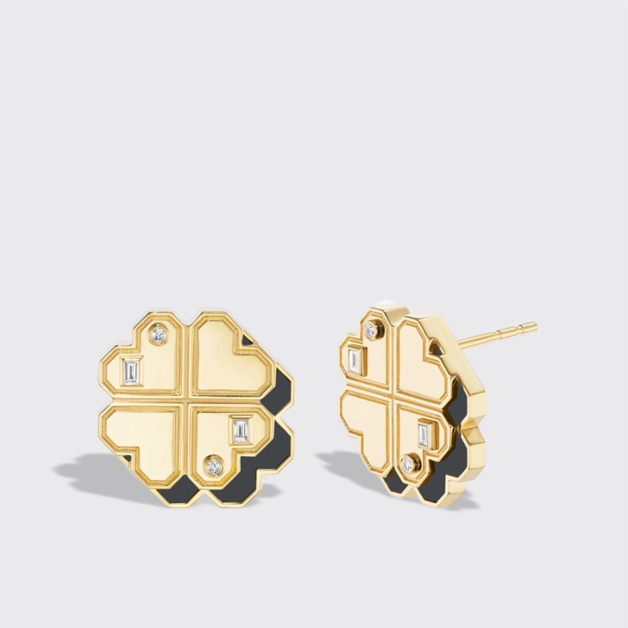 Jewelry Boochier | Onyx Yellow Gold Clover Leaf Studs