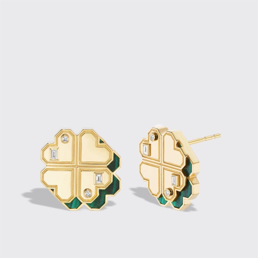 Jewelry Boochier | Malachite Yellow Gold Clover Leaf Studs