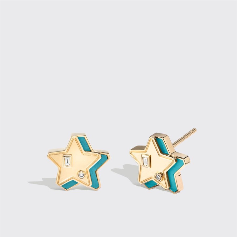 Jewelry Boochier | Turquoise Yellow Gold Mini Star Studs