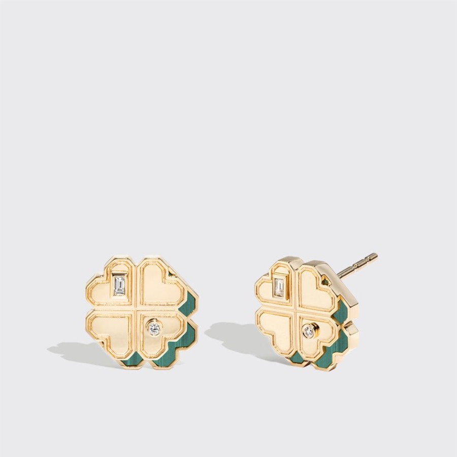 Jewelry Boochier | Malachite Yellow Gold Mini Clover Leaf Studs