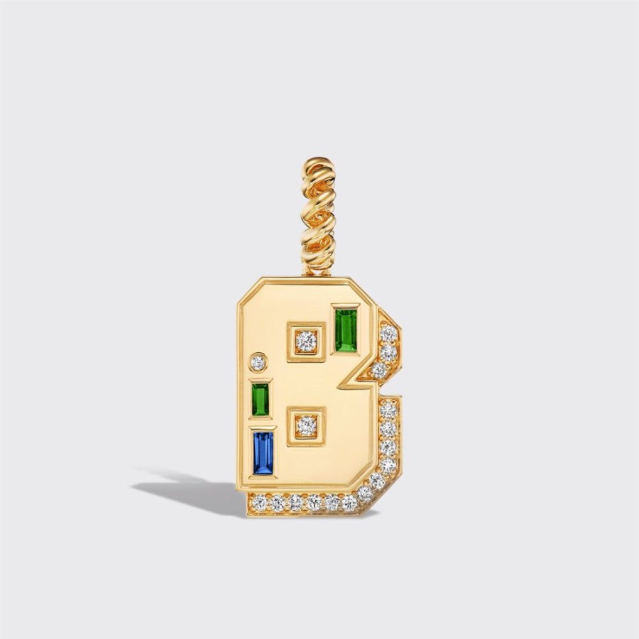 Jewelry Boochier | Jumbo Yellow Gold Diamond Letter & Number Pendant [Blue Sapphire & Tsavorite]