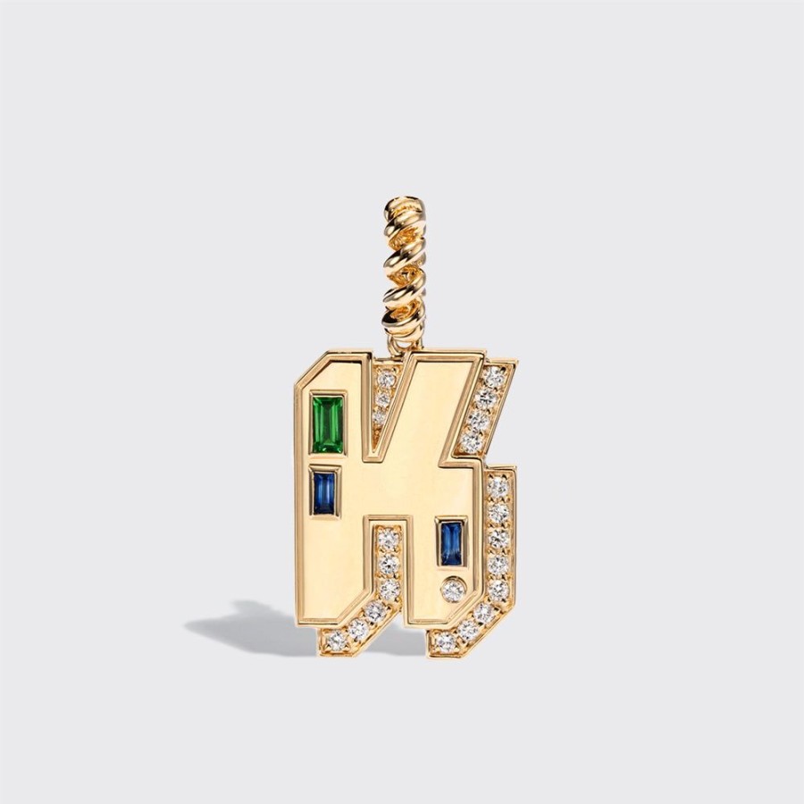 Jewelry Boochier | Jumbo Yellow Gold Diamond Letter & Number Pendant [Blue Sapphire & Tsavorite]