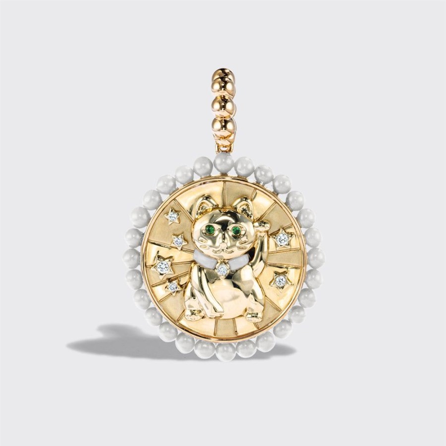 Jewelry Boochier | White Mother Of Pearl Yellow Gold Lucky Cat Diamond Charm