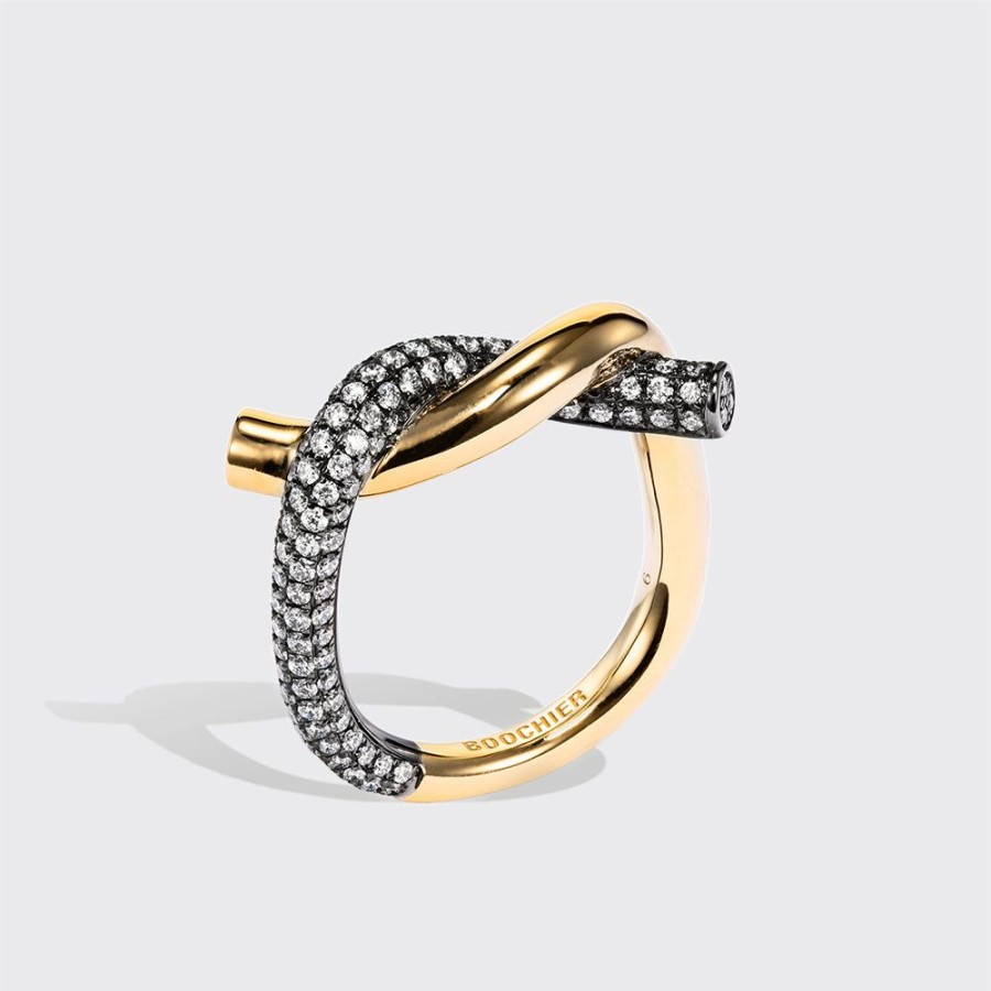 Jewelry Boochier | Black Gold-Yellow Gold Half Diamond Ties Ring