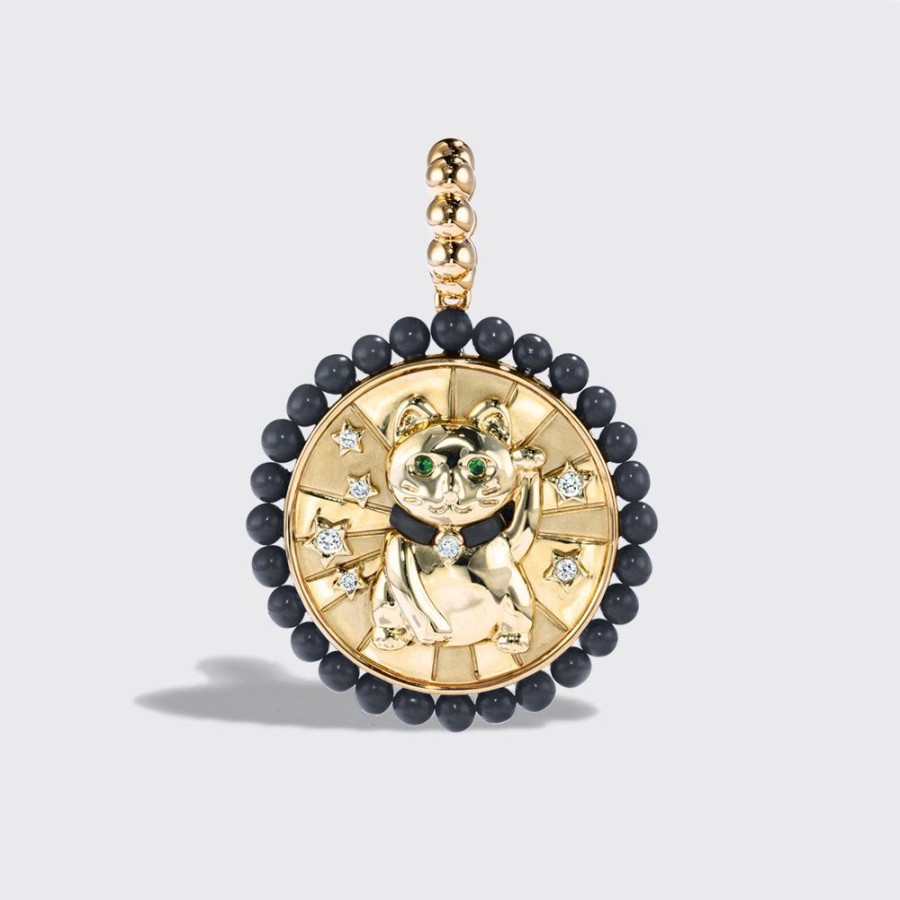 Jewelry Boochier | Onyx Yellow Gold Lucky Cat Diamond Charm