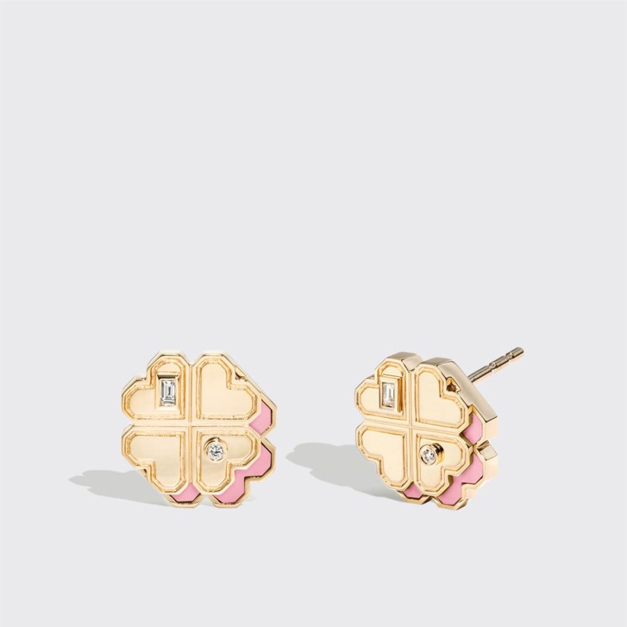 Jewelry Boochier | Pink Opal Yellow Gold Mini Clover Leaf Studs