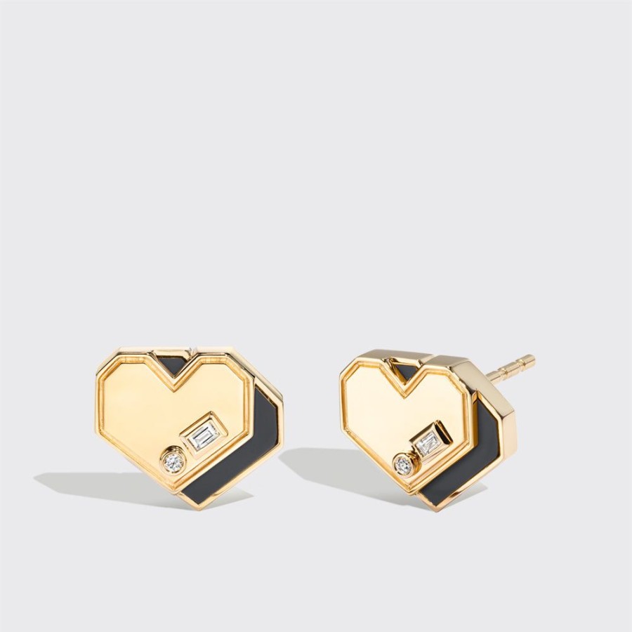 Jewelry Boochier | Onyx Yellow Gold Mini Heart Studs