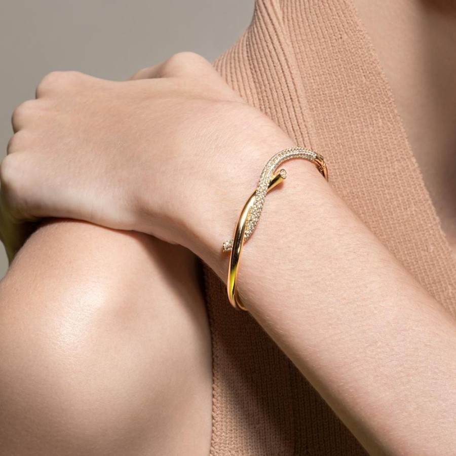 Jewelry Boochier | Yellow Gold Half Diamond Ties Bangle