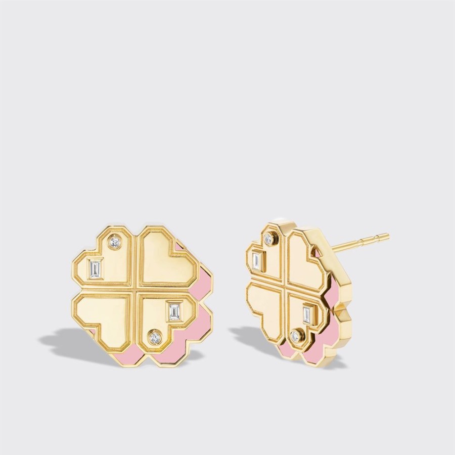 Jewelry Boochier | Pink Opal Yellow Gold Clover Leaf Studs