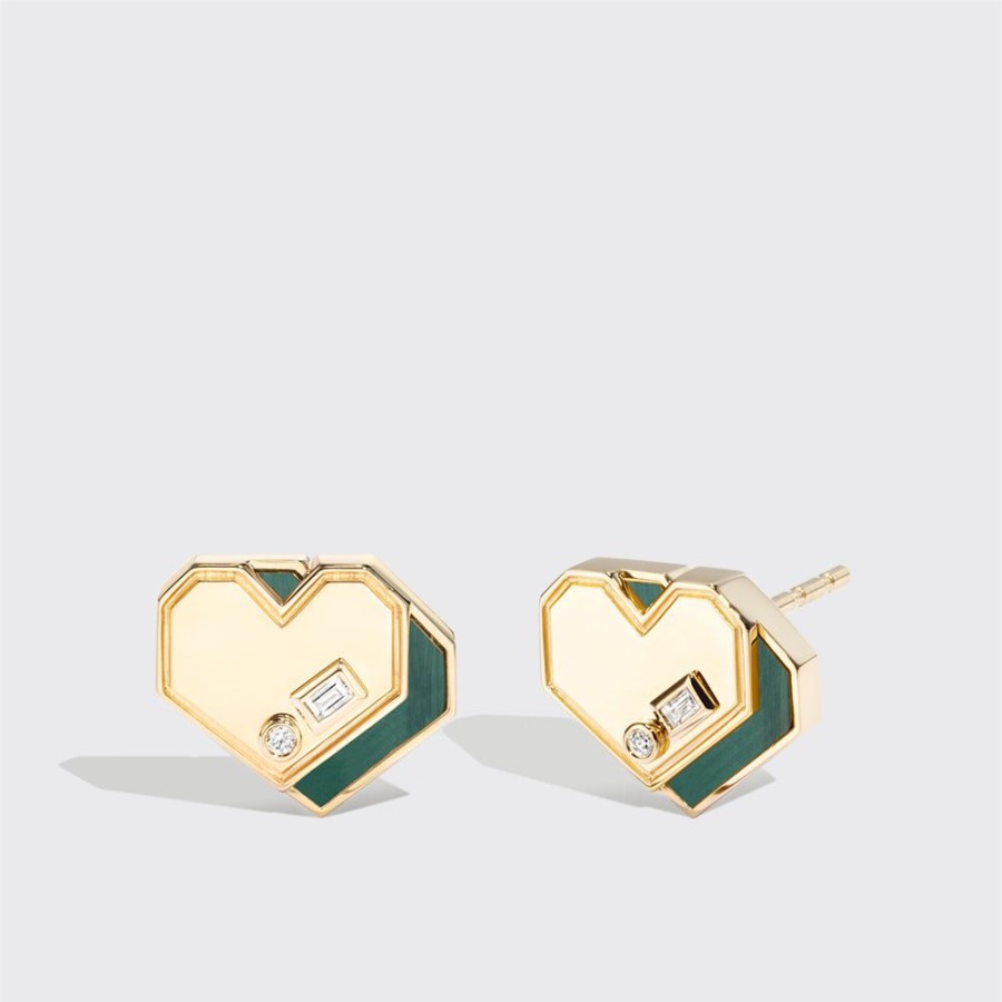 Jewelry Boochier | Malachite Yellow Gold Mini Heart Studs