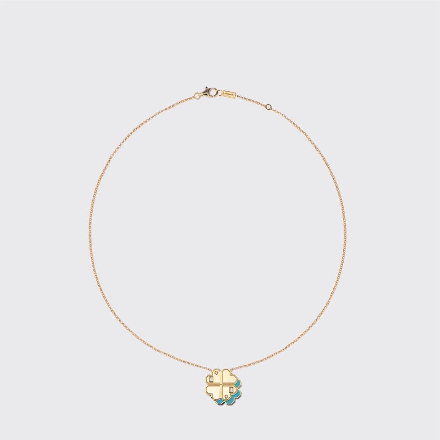 Jewelry Boochier | Turquoise Yellow Gold Clover Leaf Necklace