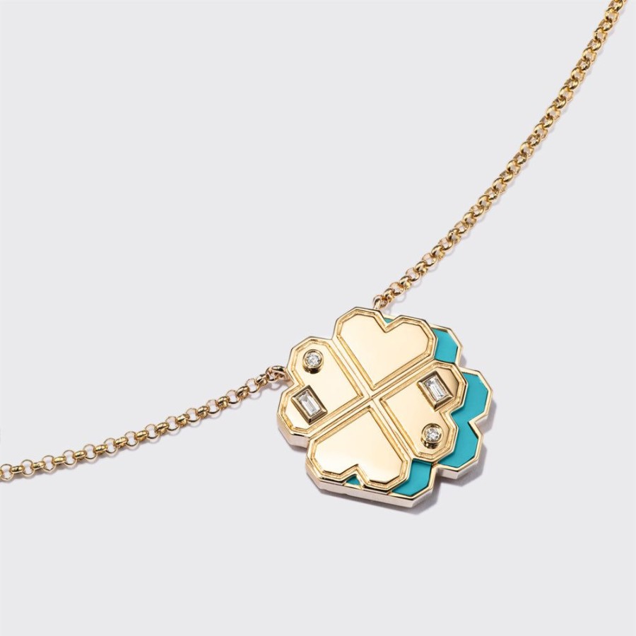 Jewelry Boochier | Turquoise Yellow Gold Clover Leaf Necklace