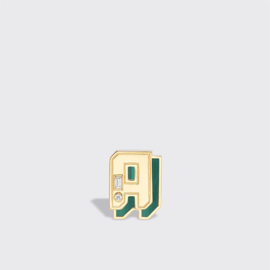 Jewelry Boochier | Malachite Yellow Gold Mini Letter Mono Stud