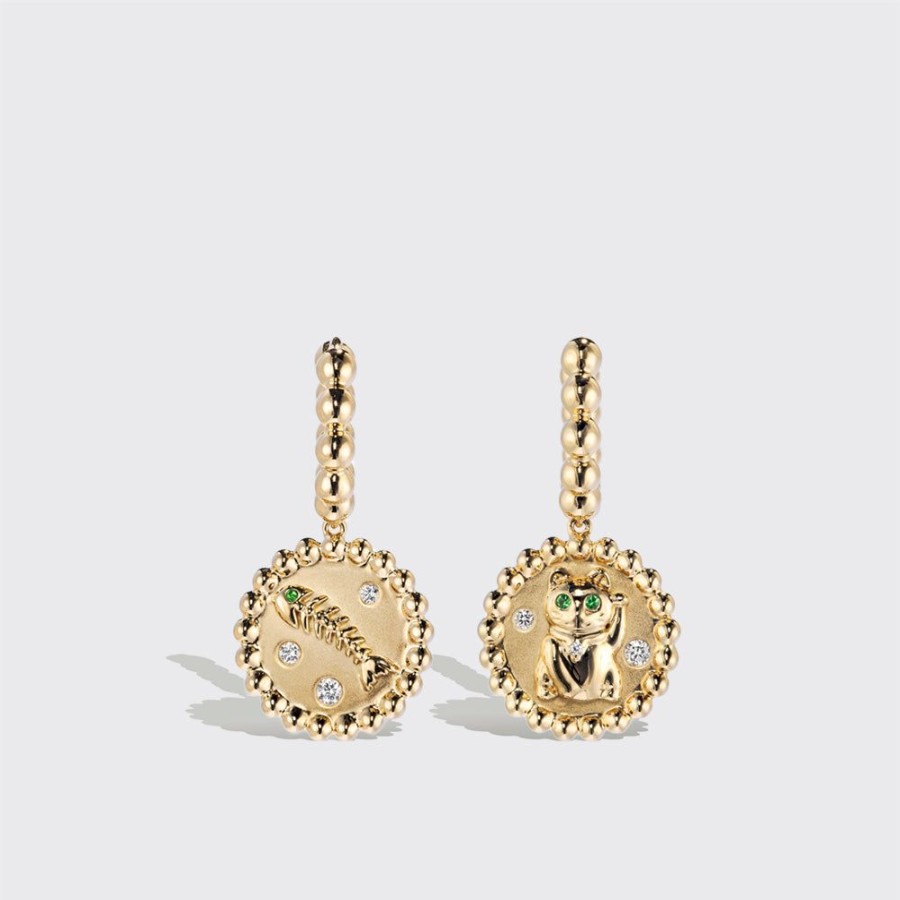 Jewelry Boochier | Yellow Gold Lucky Cat Diamond Earrings