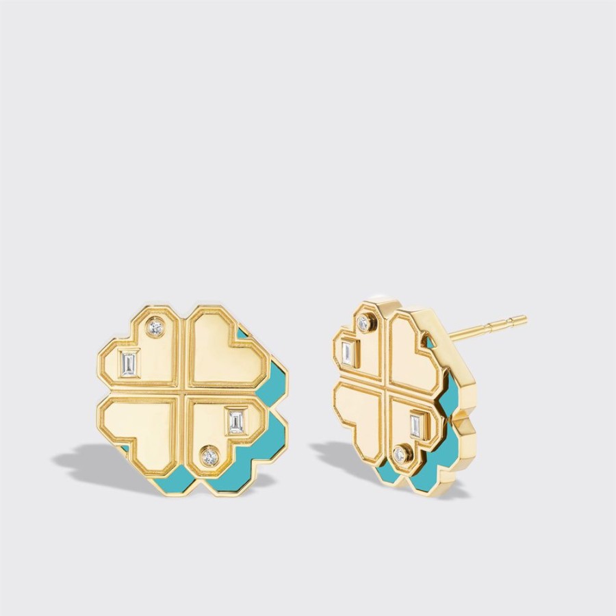 Jewelry Boochier | Turquoise Yellow Gold Clover Leaf Studs