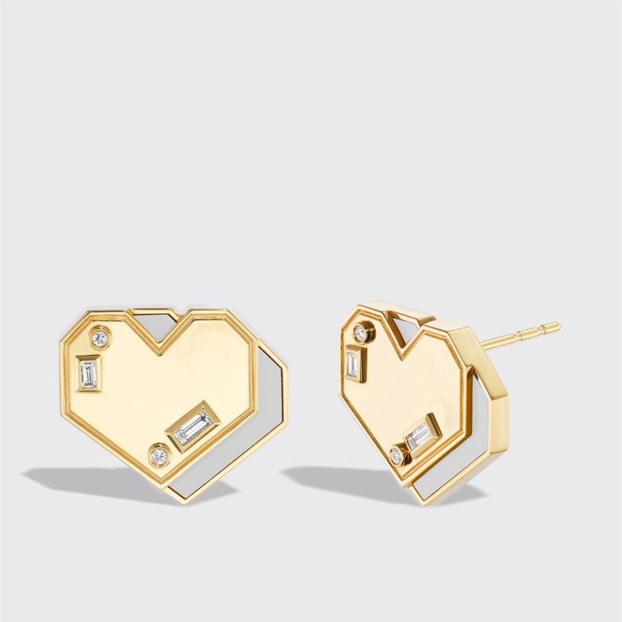 Jewelry Boochier | White Mother Of Pearl Yellow Gold Heart Studs