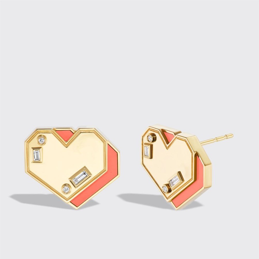 Jewelry Boochier | Coral Yellow Gold Heart Studs