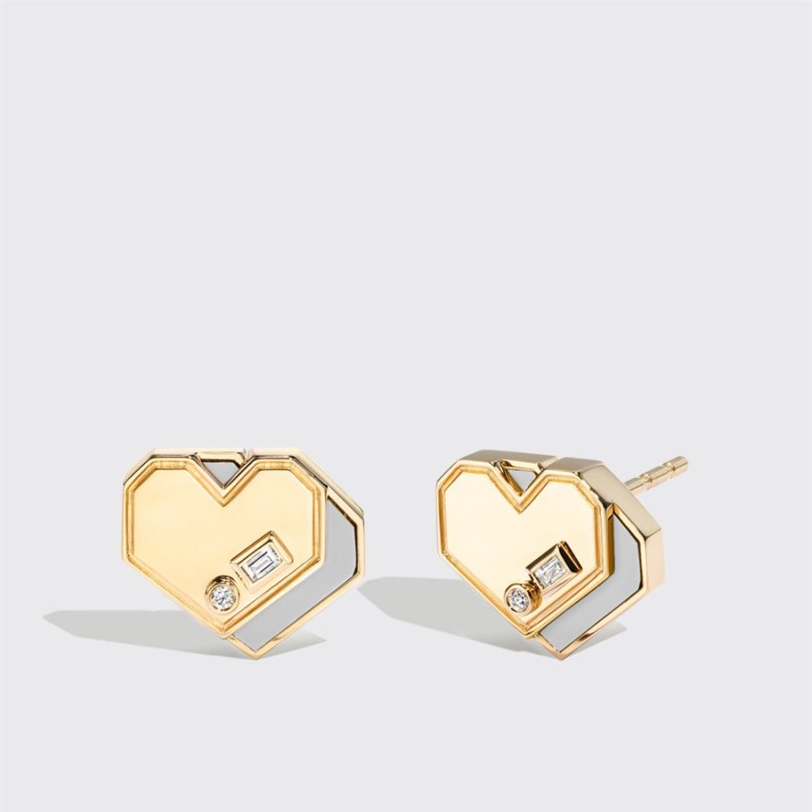 Jewelry Boochier | White Mother Of Pearl Yellow Gold Mini Heart Studs