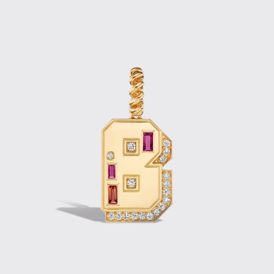 Jewelry Boochier | Jumbo Yellow Gold Diamond Letter & Number Pendant [Orange & Pink Sapphires]