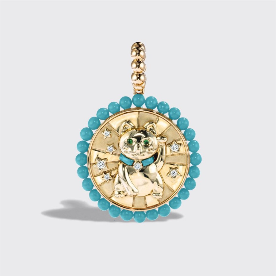 Jewelry Boochier | Turquoise Yellow Gold Lucky Cat Diamond Charm