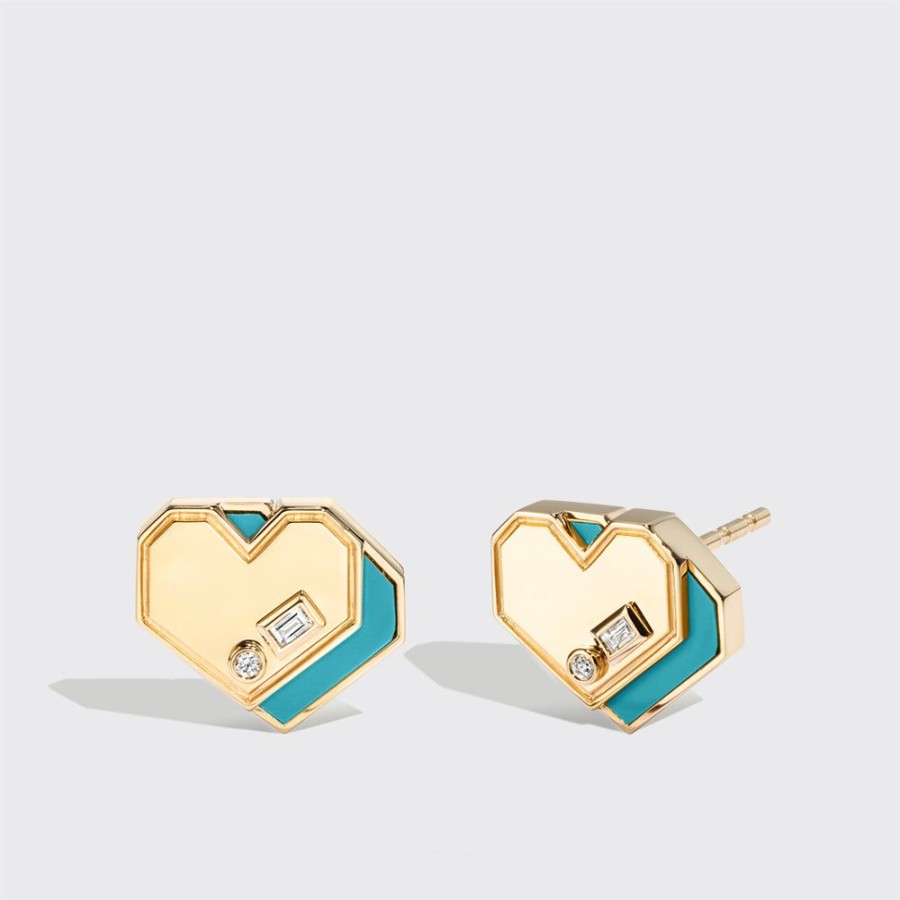 Jewelry Boochier | Turquoise Yellow Gold Mini Heart Studs